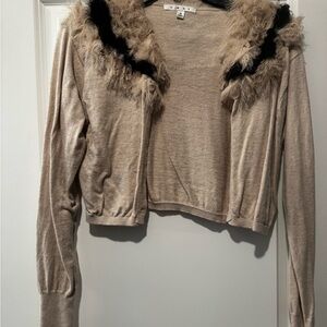 CAbi Beige Cardigan with Faux Fur Trim